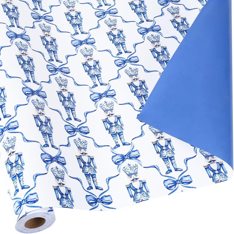 LaRibbons Reversible Christmas Wrapping Paper Mini Roll, Blue Nutcracker and Bow Pattern Toile Design, Ideal for Christmas, Holiday, and Seasonal Gift Wrapping, 17" x 33' (46.7 sq. ft) - Image 1